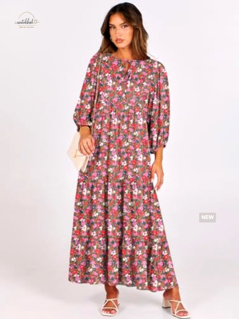 Boho Maxi Dress with V Neck Puff Sleeves Flowy Swing Casual Long Dress - Picture 6 of 7